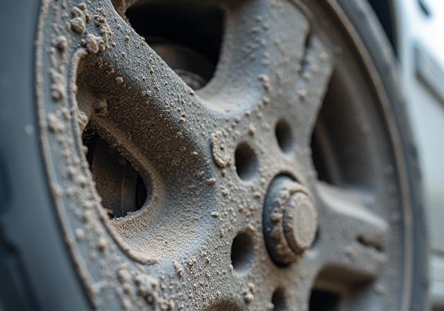 Cerchione di un'auto sporco di polvere di freni prima del trattamento.
