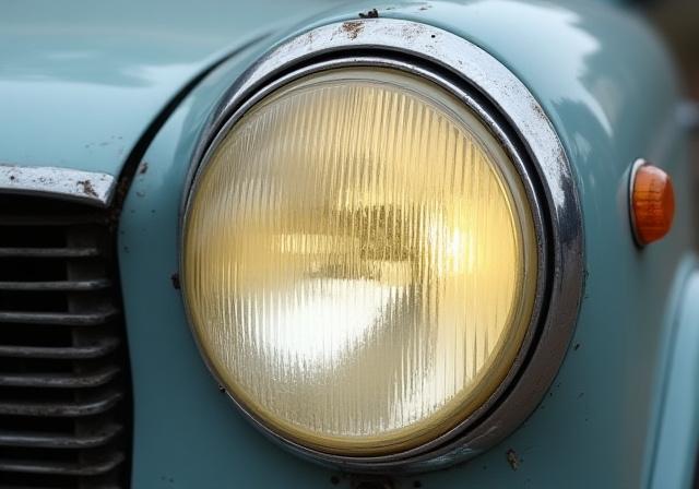 Faro di un'auto opacizzato e ingiallito dal tempo.