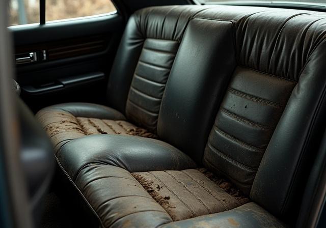 Sedili in pelle di un'auto sporchi e usurati.